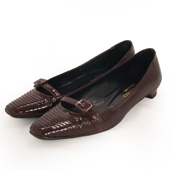 Valentino Wine Red Brown Square Toe Patent Leather Low Heel Mary Jane Shoes - Picture 1 of 7